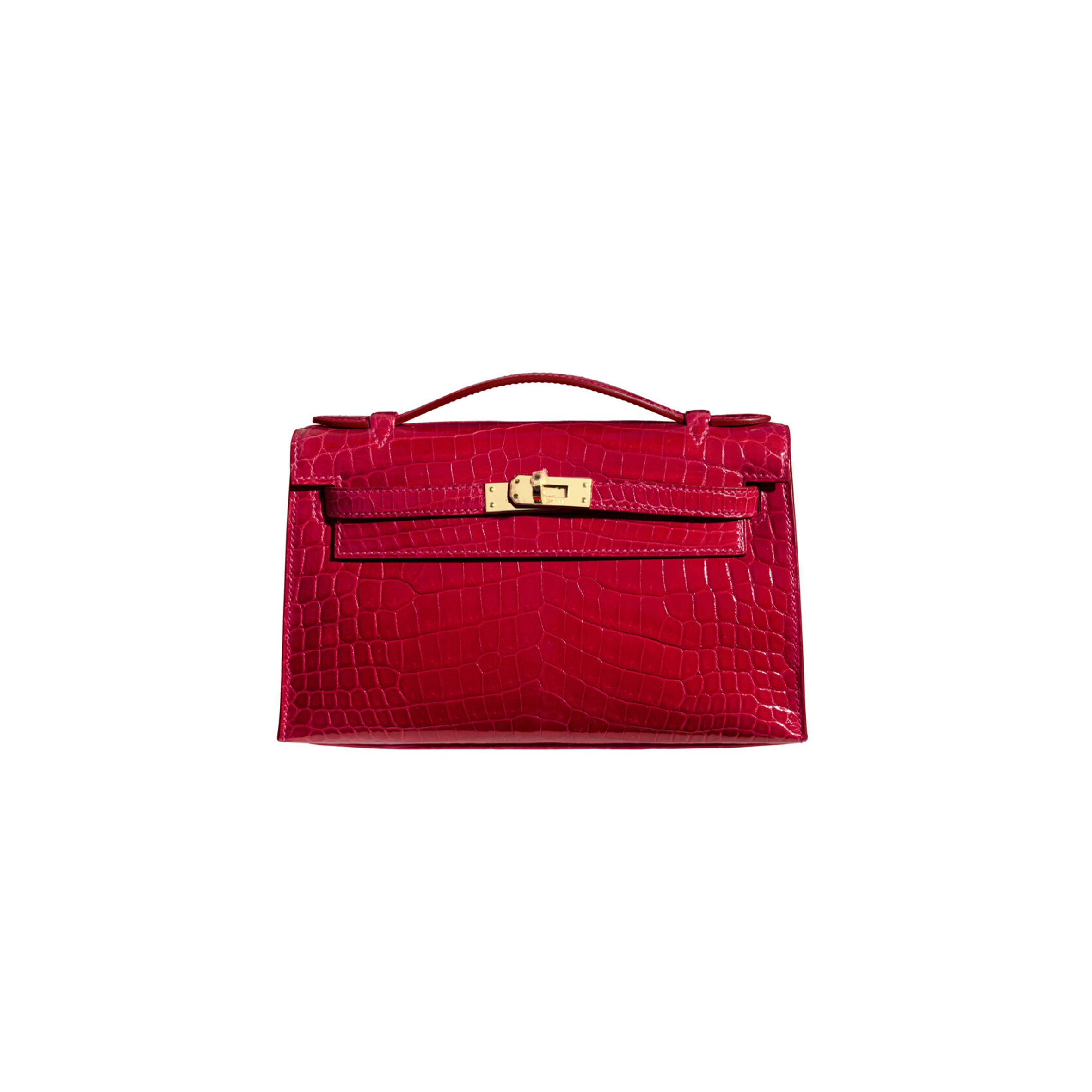 H**mes master shiny braise niloticus crocodile kelly pochette bag with gold hardware (22*14*7cm)
